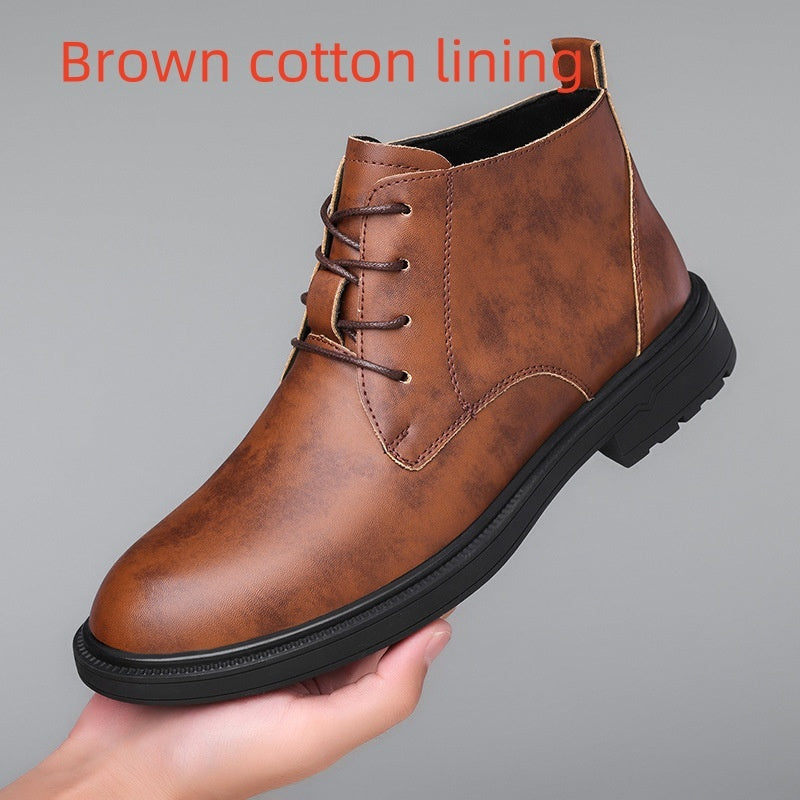 Retro Lace Up Denim Trendy Mid-length Warm Non-slip Men's Martin Boots Brown Cotton Lining - D&A