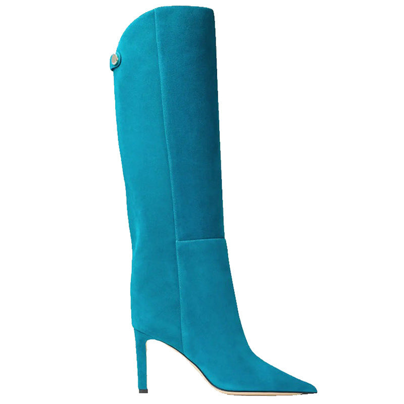 Simple European And American Style Fashion Catwalk Pointed-toe Stiletto Straight Boots Blue Suede - D&A