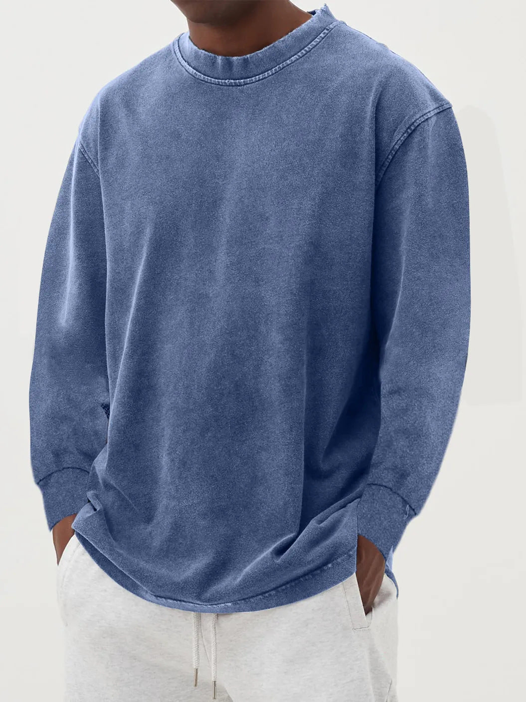 Washed Old Solid Color Men's Long-sleeved T-shirt Sky Blue - D&A