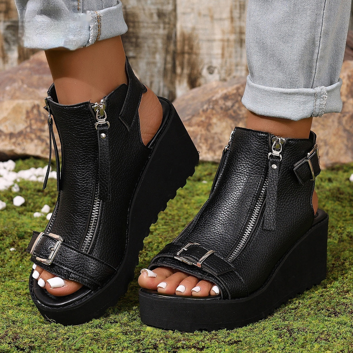 Round Toe Double Zipper Heel Buckle Hollow Women's Sandals Black - D&A