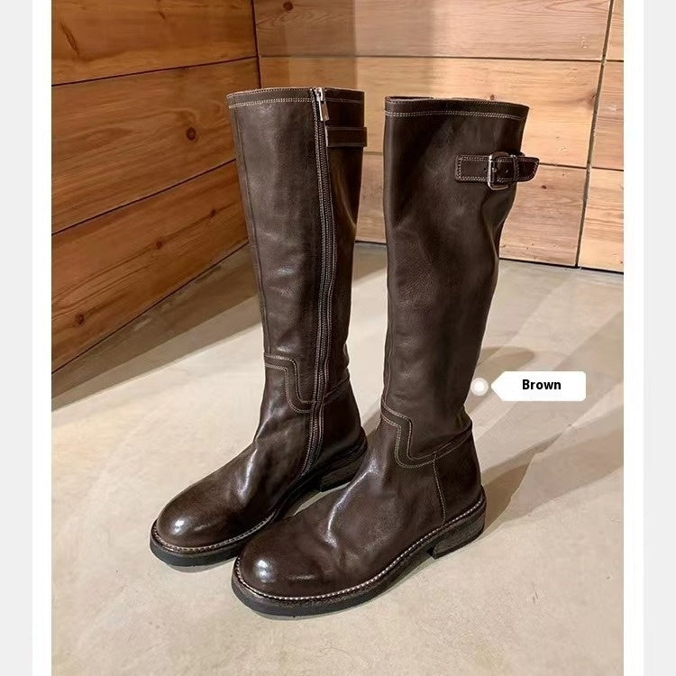 Washed Horse Leather Belt Buckle Thick Bottom Thigh High Boots Women - D&A