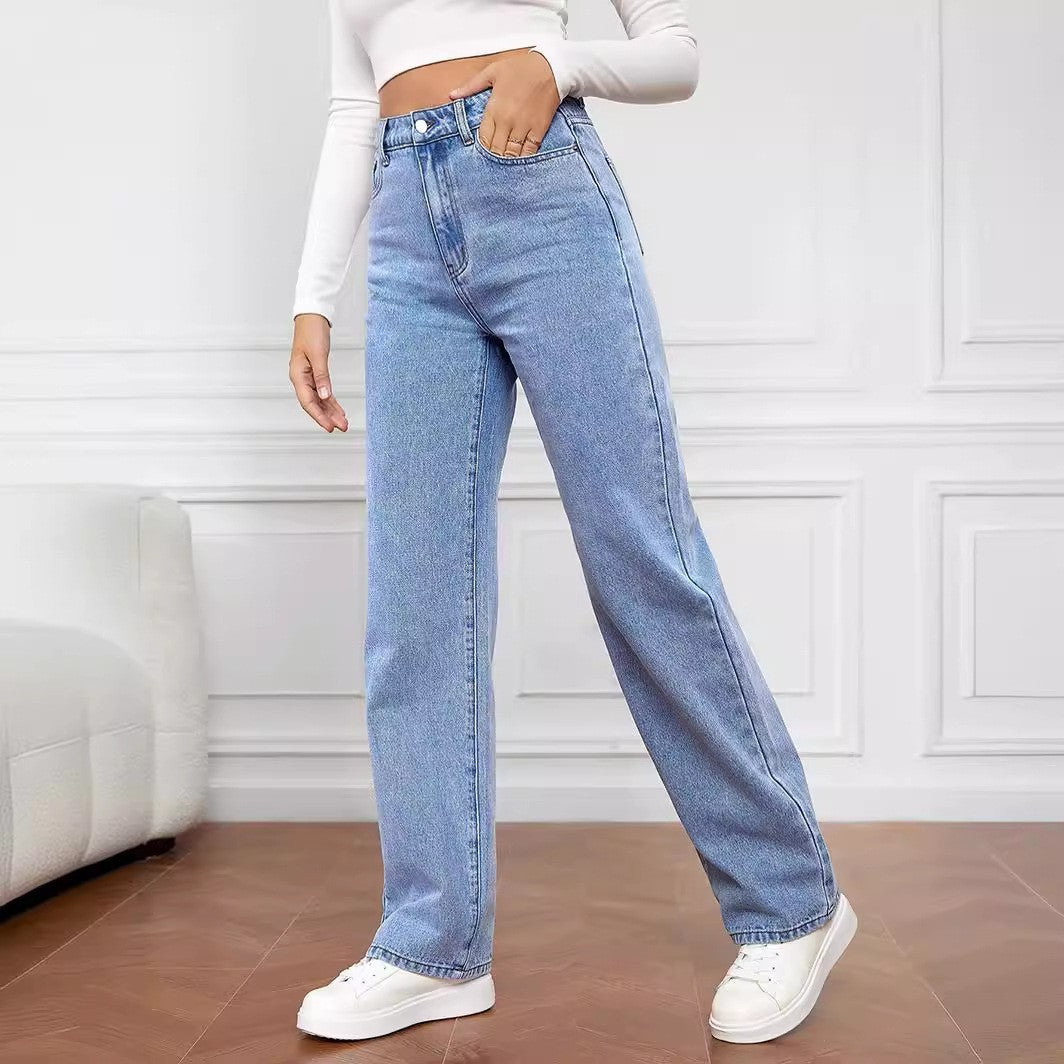 Washed Fashion Straight Jeans Women's Mid Waist 6Color Light Blue - D&A