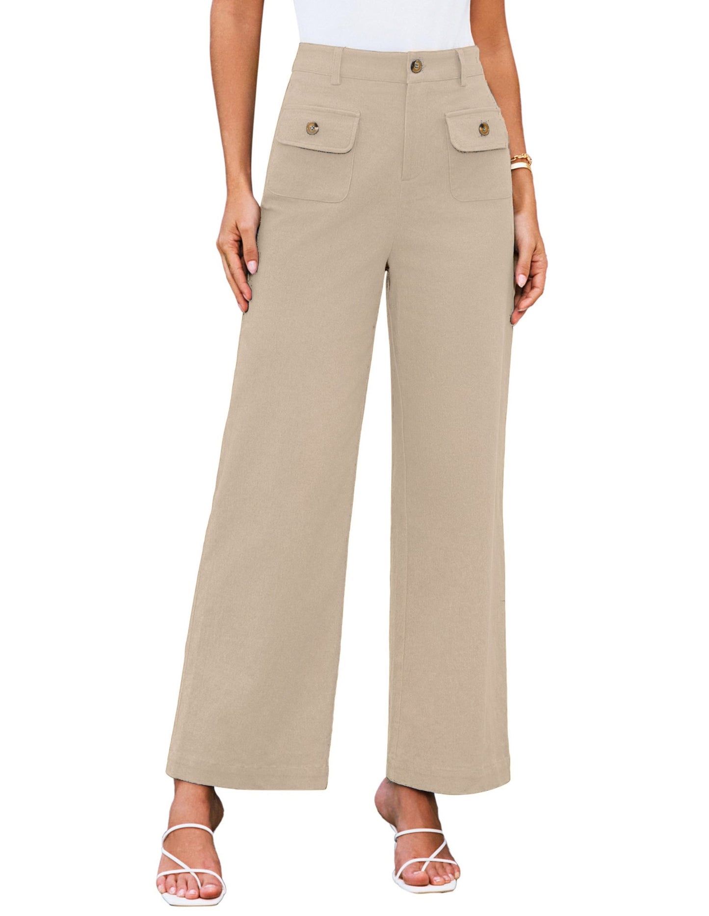 Women's High Waist Wide Leg Pants Stretch Casual Pants Beige - D&A