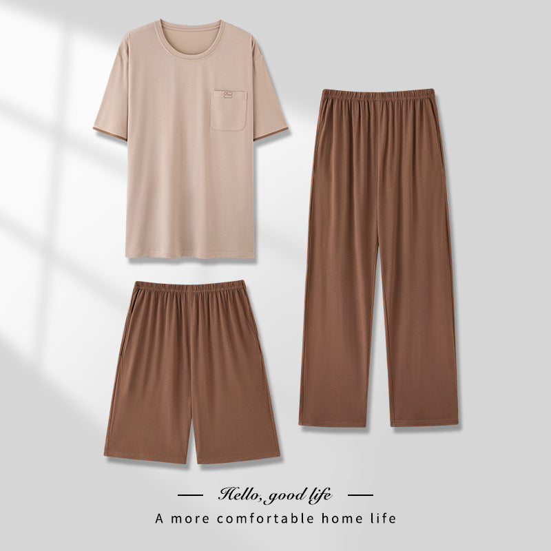 Men's Pajamas Thin Spring And Summer Modal Short-sleeved Trousers Three-piece Home Wear Suit QK1687 - D&A