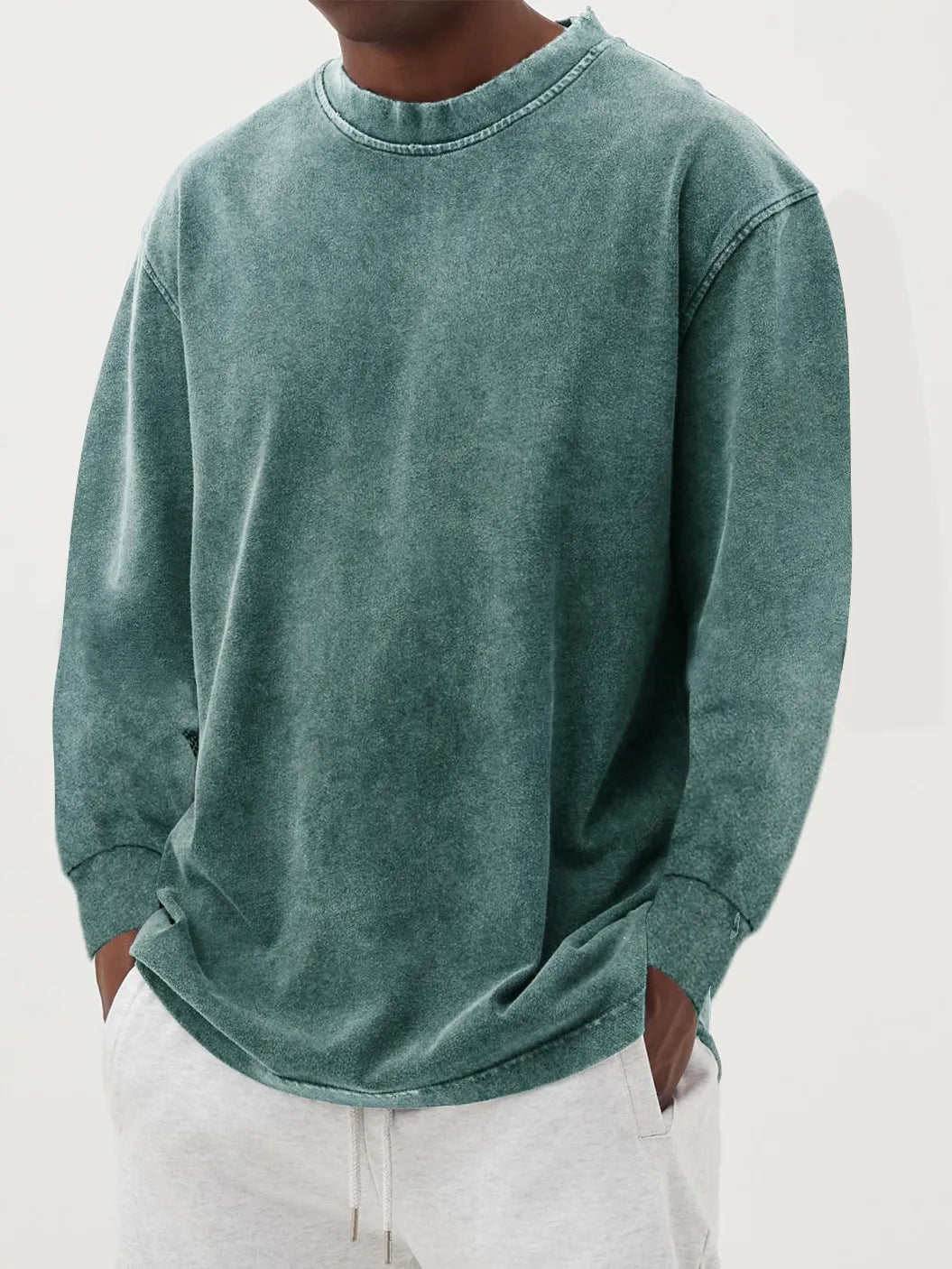Washed Old Solid Color Men's Long-sleeved T-shirt Emerald Green - D&A