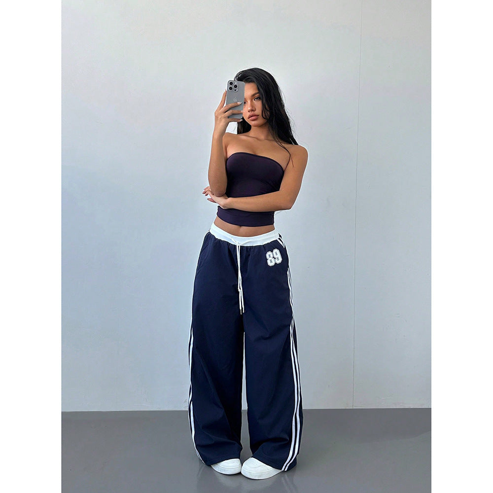 Loose Trendy Digital Printing Design Sense All-matching Long Pants Navy Blue Number 89 - D&A