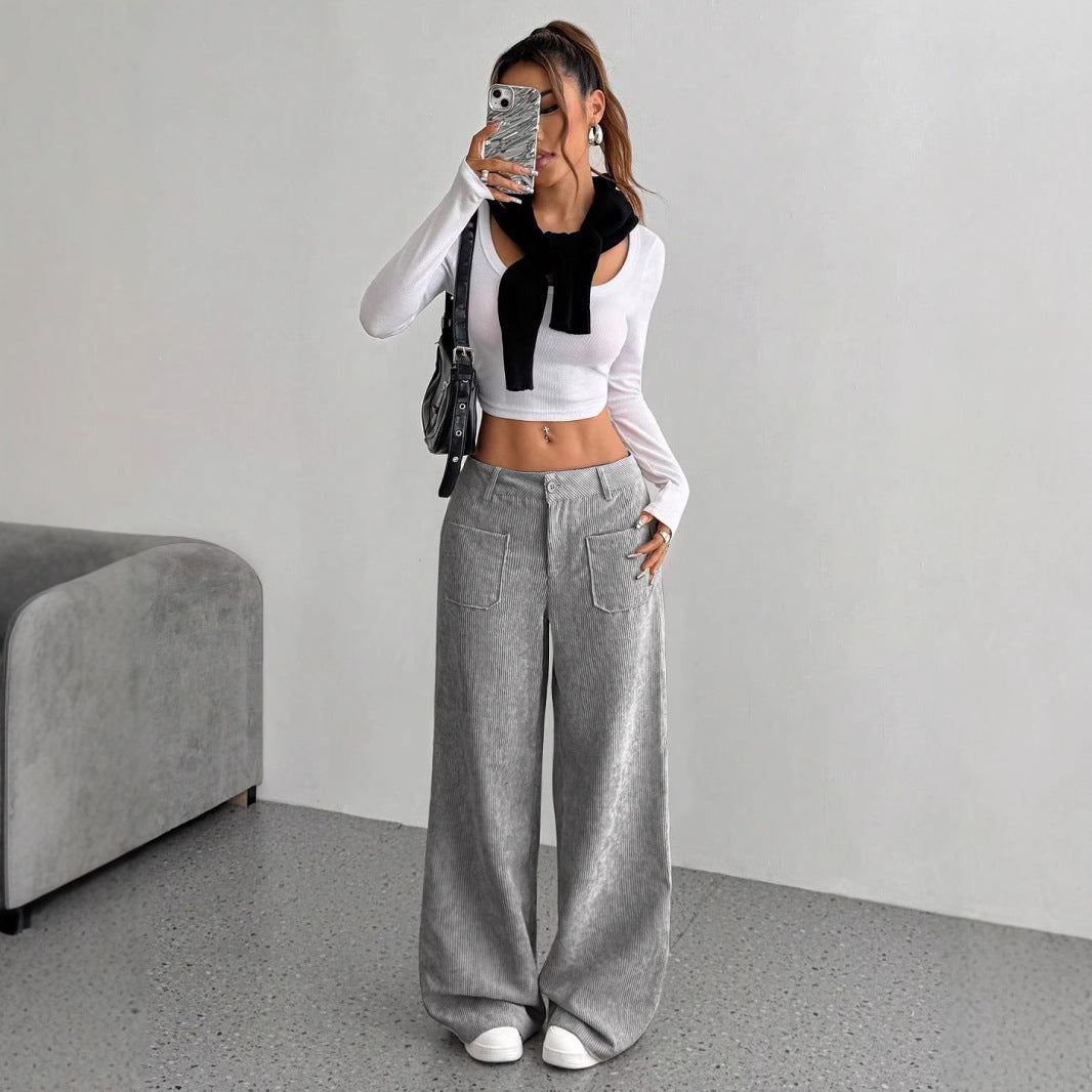 Corduroy Pants Women's Loose Fashion Casual Pants Gray - D&A