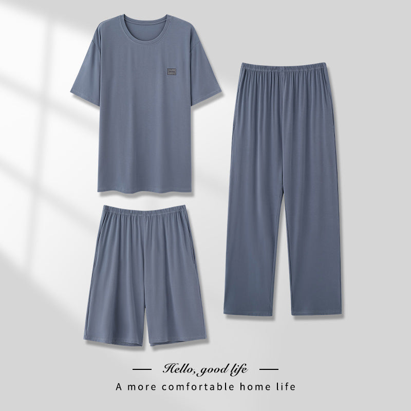 Men's Pajamas Thin Spring And Summer Modal Short-sleeved Trousers Three-piece Home Wear Suit QK1690 - D&A