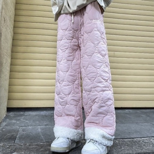 Winter Cotton-padded Waterproof Patchwork Lambskin Cotton Pants Pink - D&A