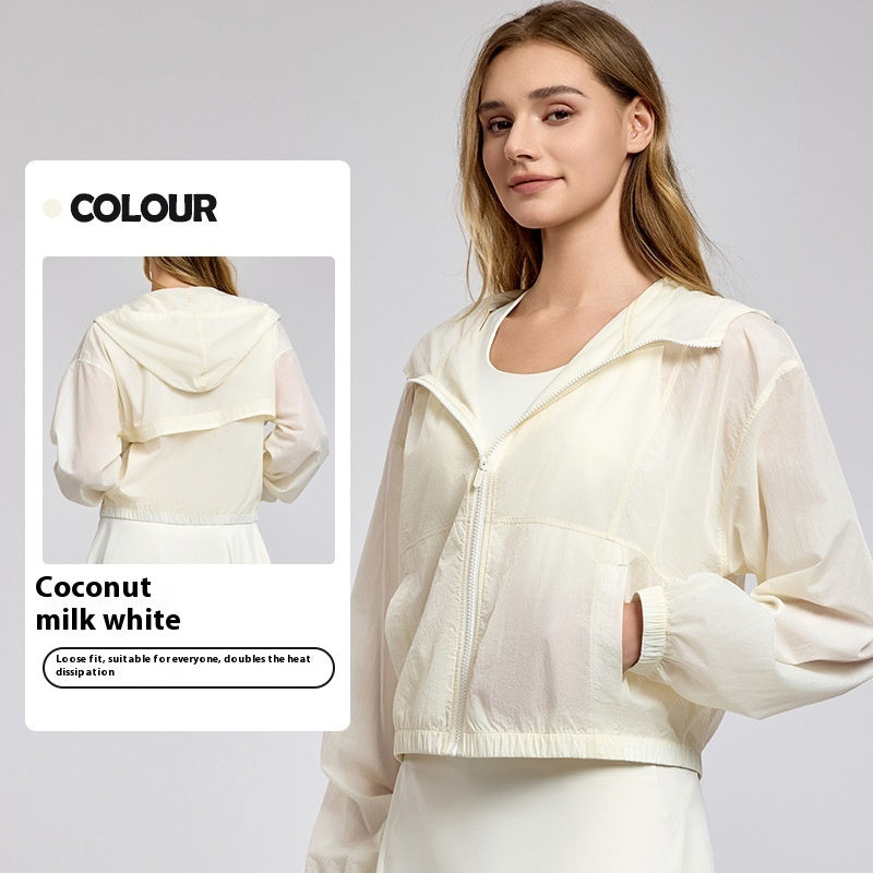 Summer Lightweight Sports Yoga Jacket Loose Hooded Casual Lightweight Coconut Milk White - D&A