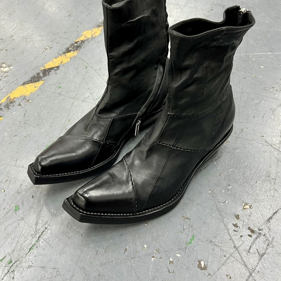 Men's Retro Dark Stitched Patchwork Square Toe Boots Black Leather - D&A