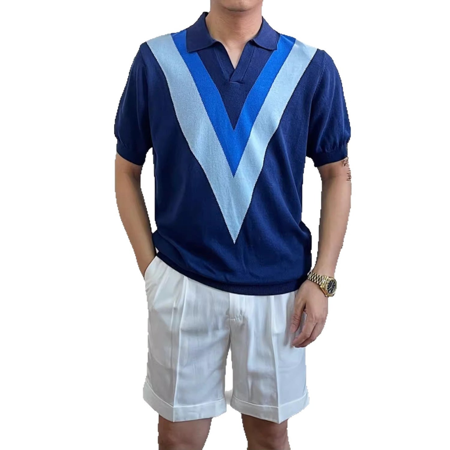 V-neck Short-sleeved Sweater Men's Striped - D&A