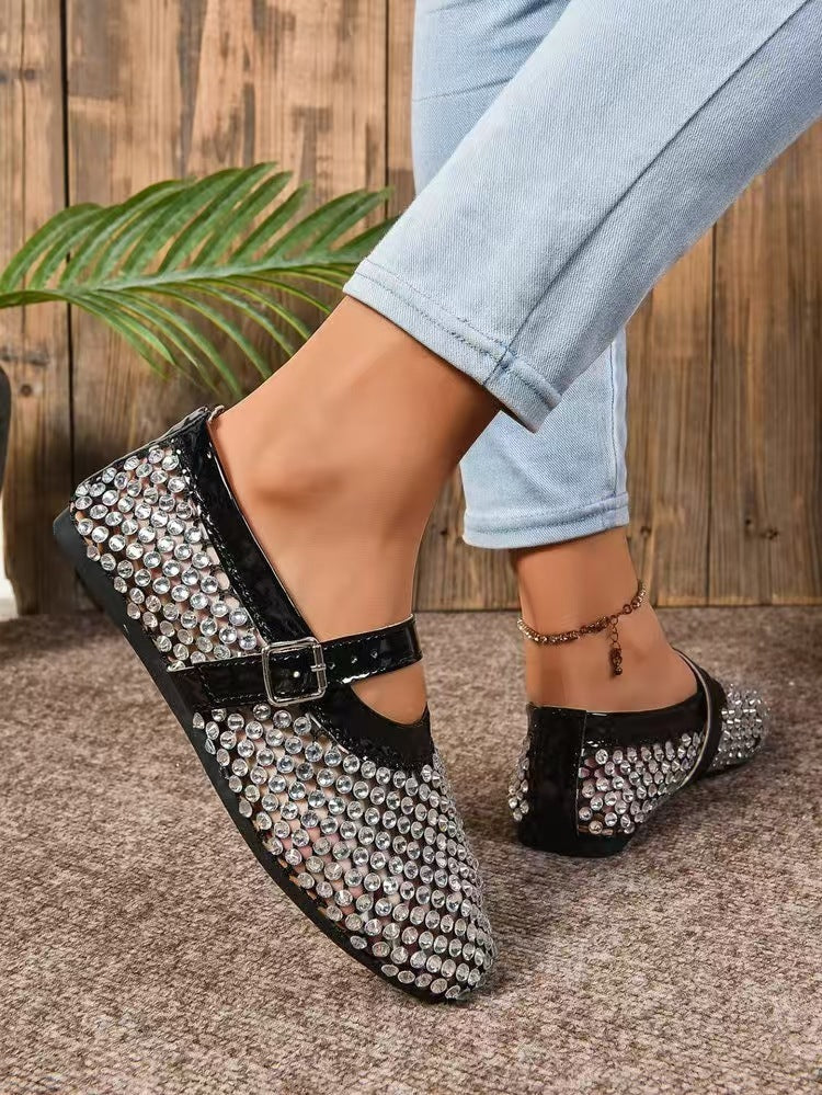 Round Toe Flat Bottom Comfortable Fashion Women's Shoes 520 Sandals Net Drill Black - D&A