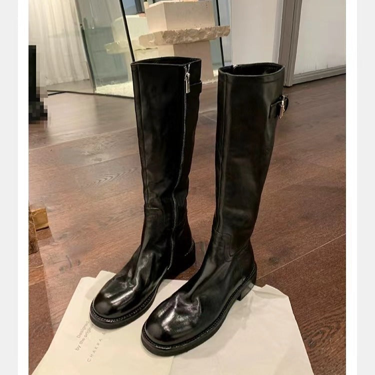Washed Horse Leather Belt Buckle Thick Bottom Thigh High Boots Women - D&A