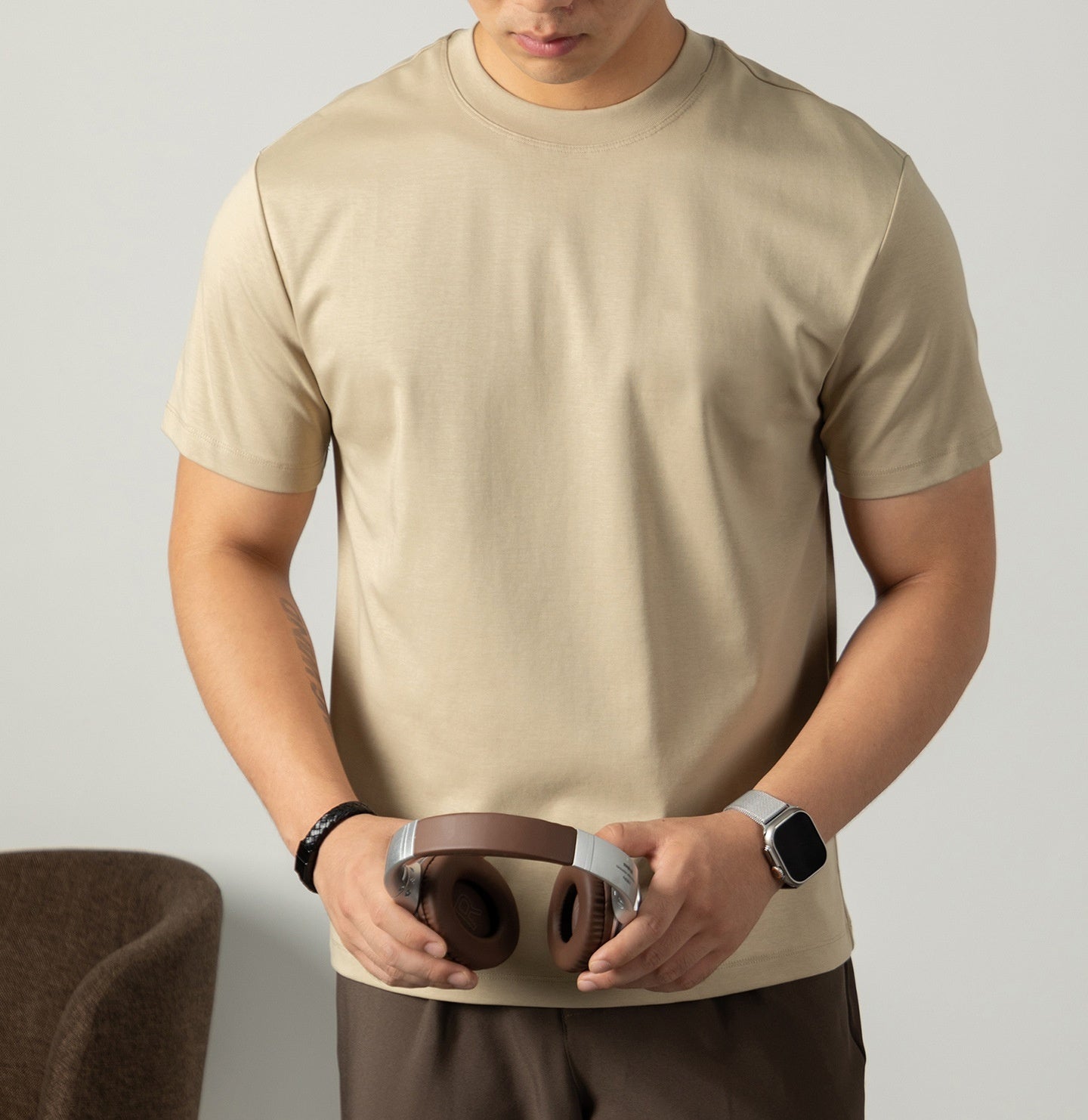 Cold Liquid Ammonia Mercerized Cotton Short-sleeved T-shirt For Men Khaki - D&A