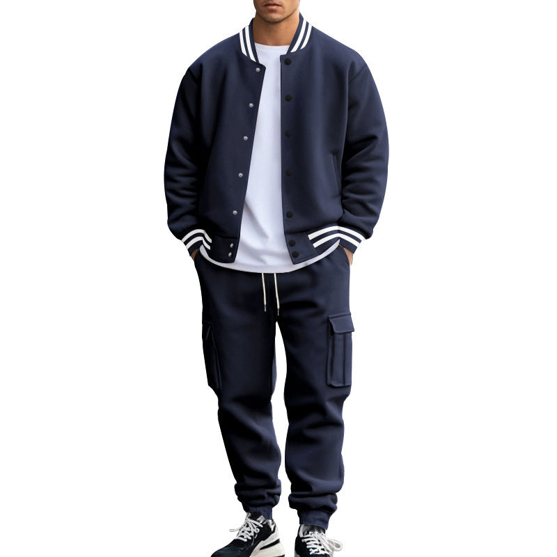 Stand Collar Baseball Uniform Trousers Fleece-lined Casual Coat Sports Suit Navy Blue - D&A