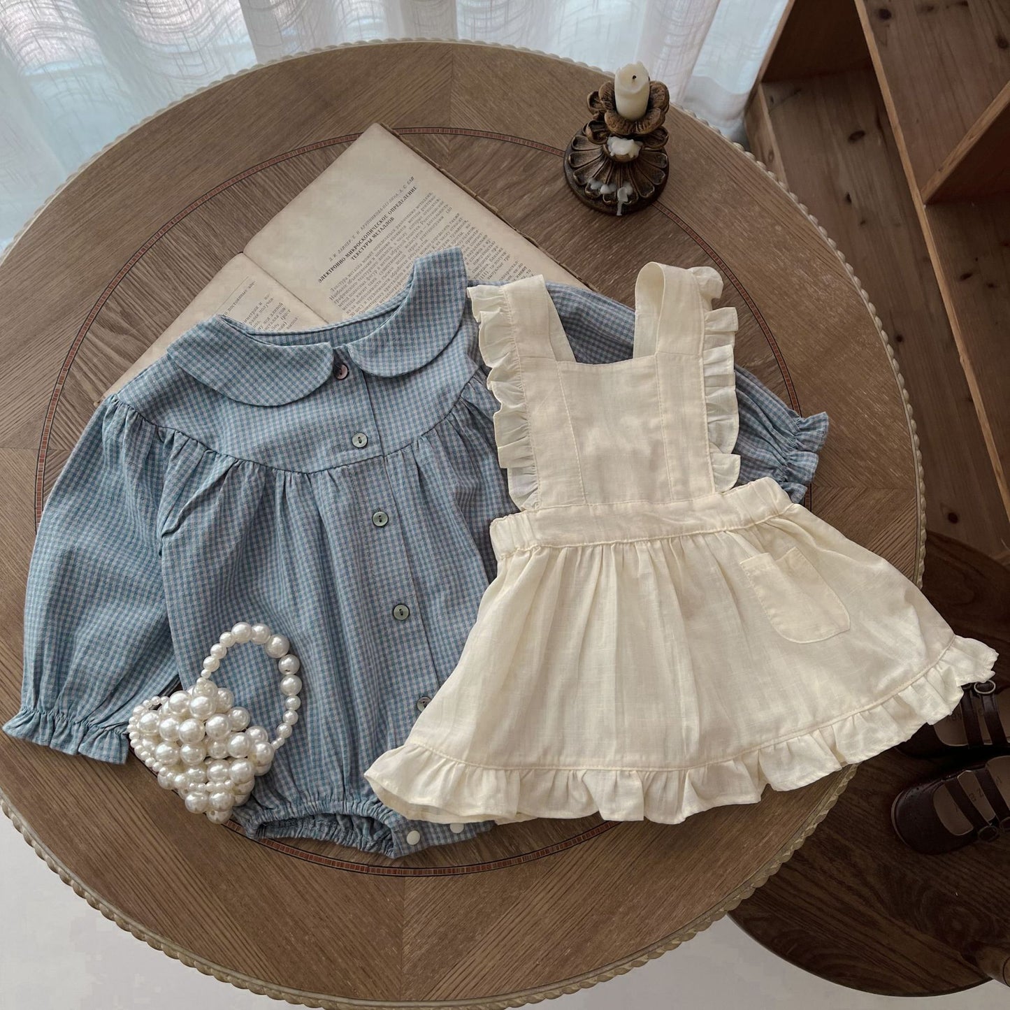 Infant Single-breasted Long Sleeve Small Plaid Romper Sling Small Overskirt Blue Romper - D&A