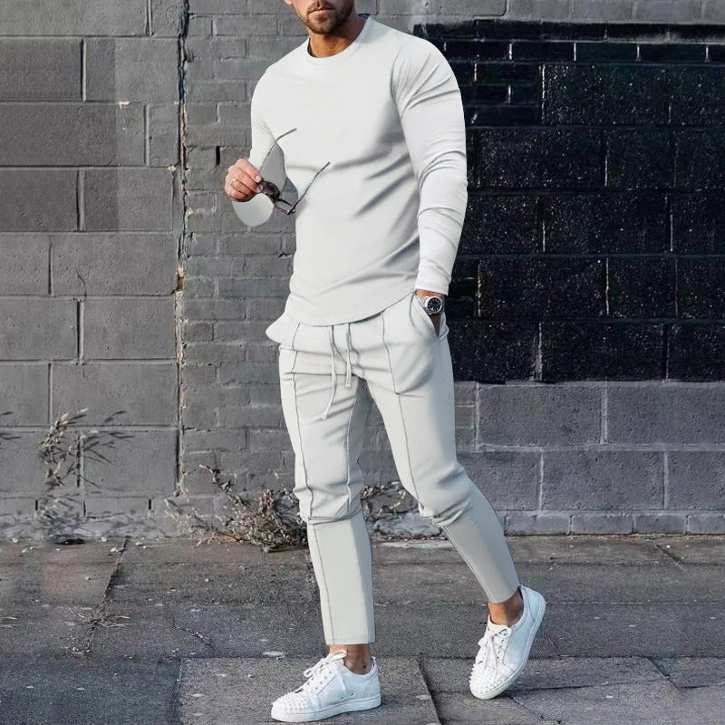 Spring Round Neck Long Sleeve T-shirt Trousers Solid Color Men's Two-piece Suit White - D&A