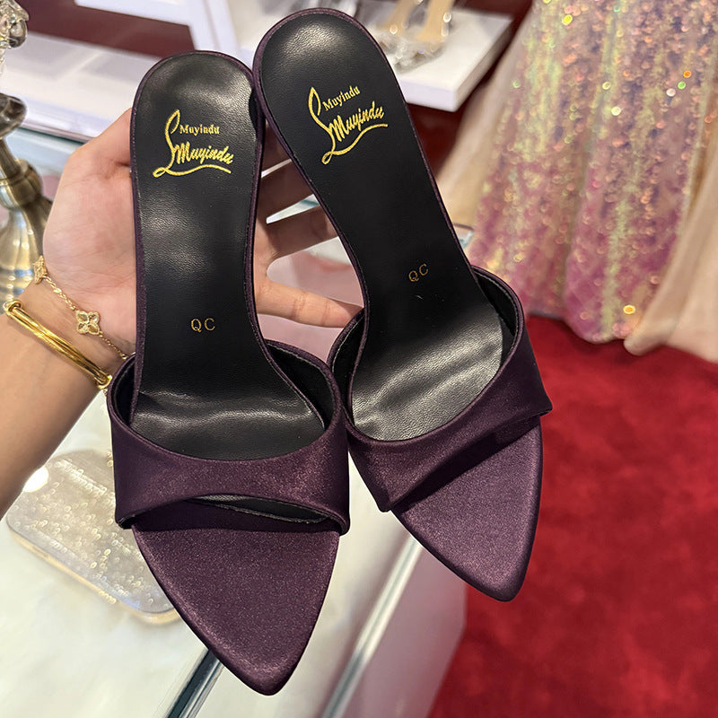 Women's High Heels Pointed Toe Strap Stiletto Sandals Satin Purple 8cm - D&A