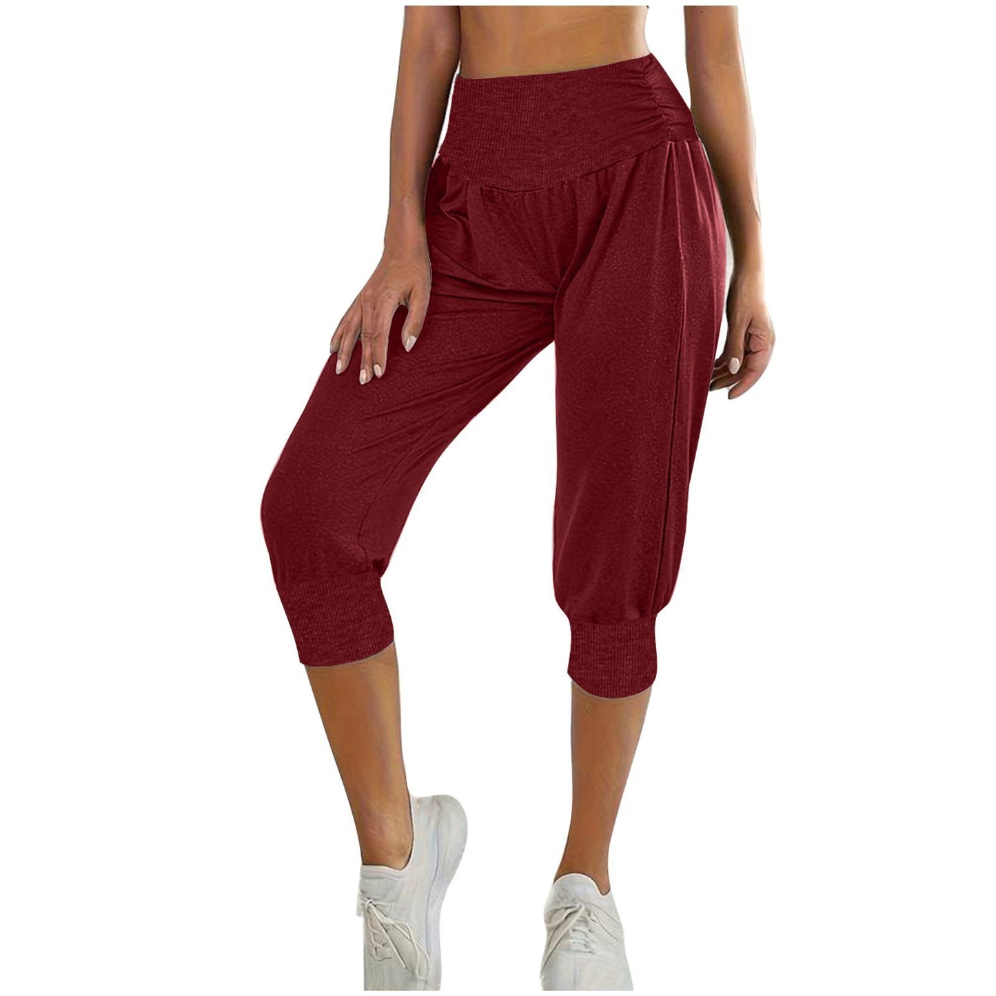 Women's Home Casual Pants High Waist Temperament Ankle-tied Harem Pants Purplish Red - D&A