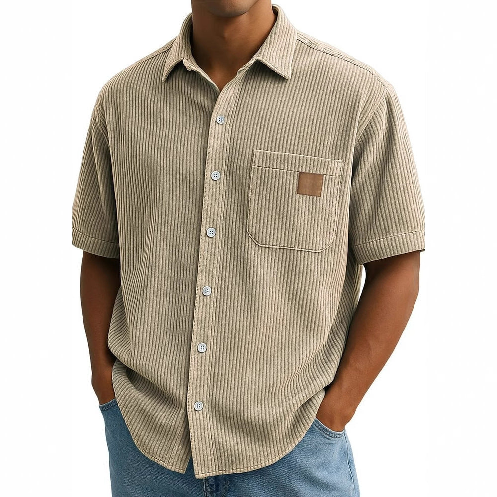 Versatile Leisure Corduroy Leather Sticker Pocket Short Sleeve Shirt - D&A