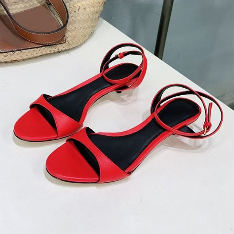Women's Leather French-style Retro Open Toe Sandals With Kitten Heel Red - D&A