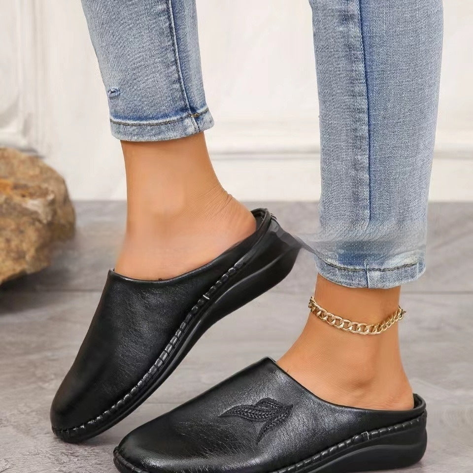 New Round Toe Flat Bottom Foreign Trade Plus Size Slip-on Lofter Half Slippers Black - D&A