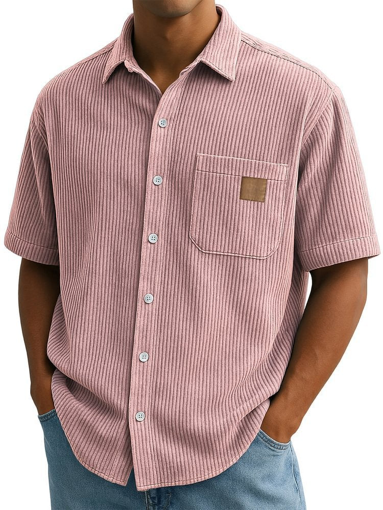 Versatile Leisure Corduroy Leather Sticker Pocket Short Sleeve Shirt Pink - D&A
