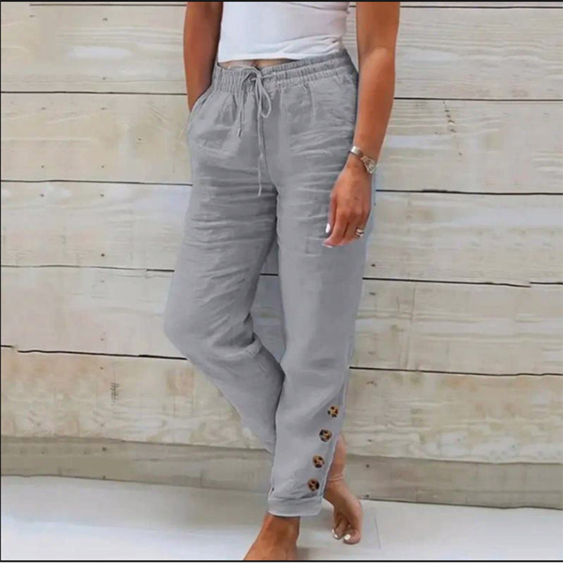 Autumn Solid Color Cotton Linen Straight Casual Button Trousers For Women Gray - D&A