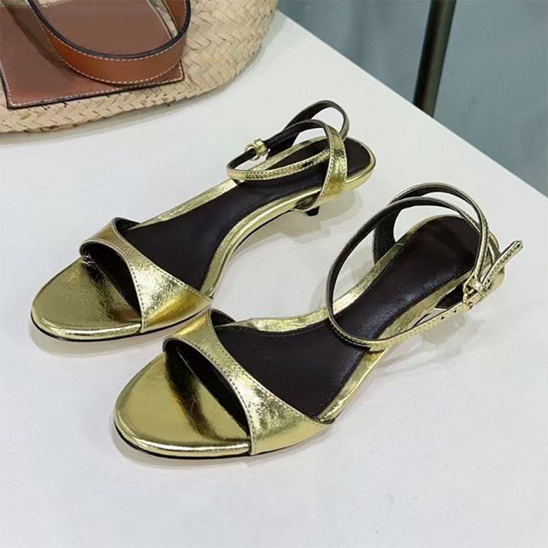 Women's Leather French-style Retro Open Toe Sandals With Kitten Heel Gold - D&A
