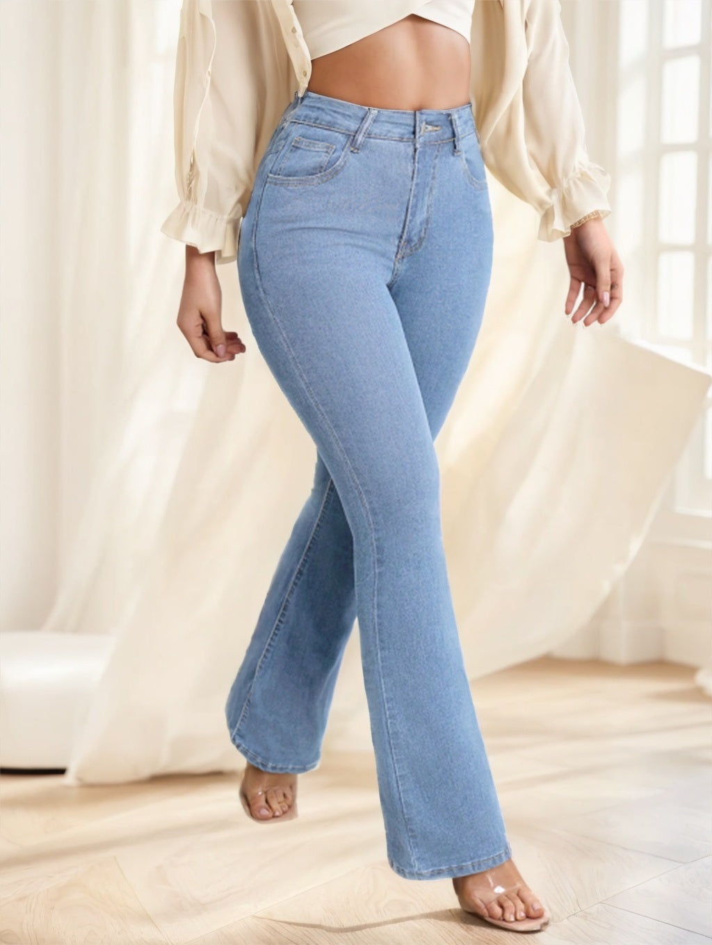 Women's Button Front Pocket Simple Design Casual Denim Long Pants Light blue - D&A