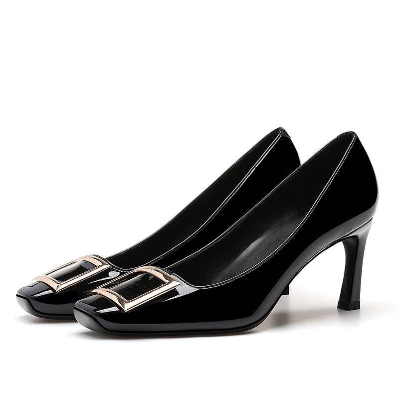 Square Buckle Flats Patent Leather Square Toe Low-cut Shoes Black 7cm - D&A