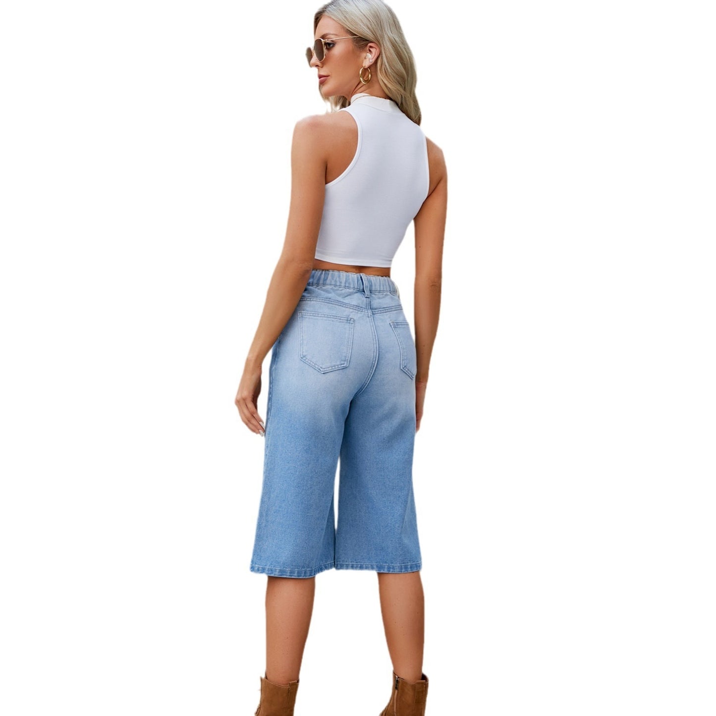 Summer Washed Elastic Waist Denim Cropped Pants For Women - D&A