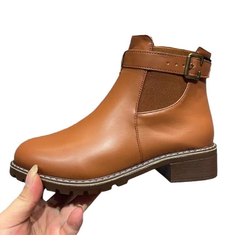 Belt Buckle Decoration Round Head Ankle Boots - D&A