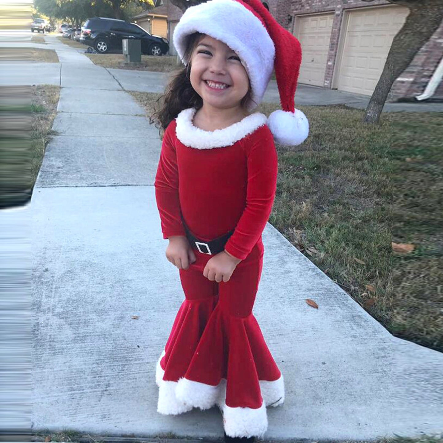 Winter Christmas Long-sleeved Shirt Bell Bottoms Hat Three-piece Children's Clothing Red - D&A