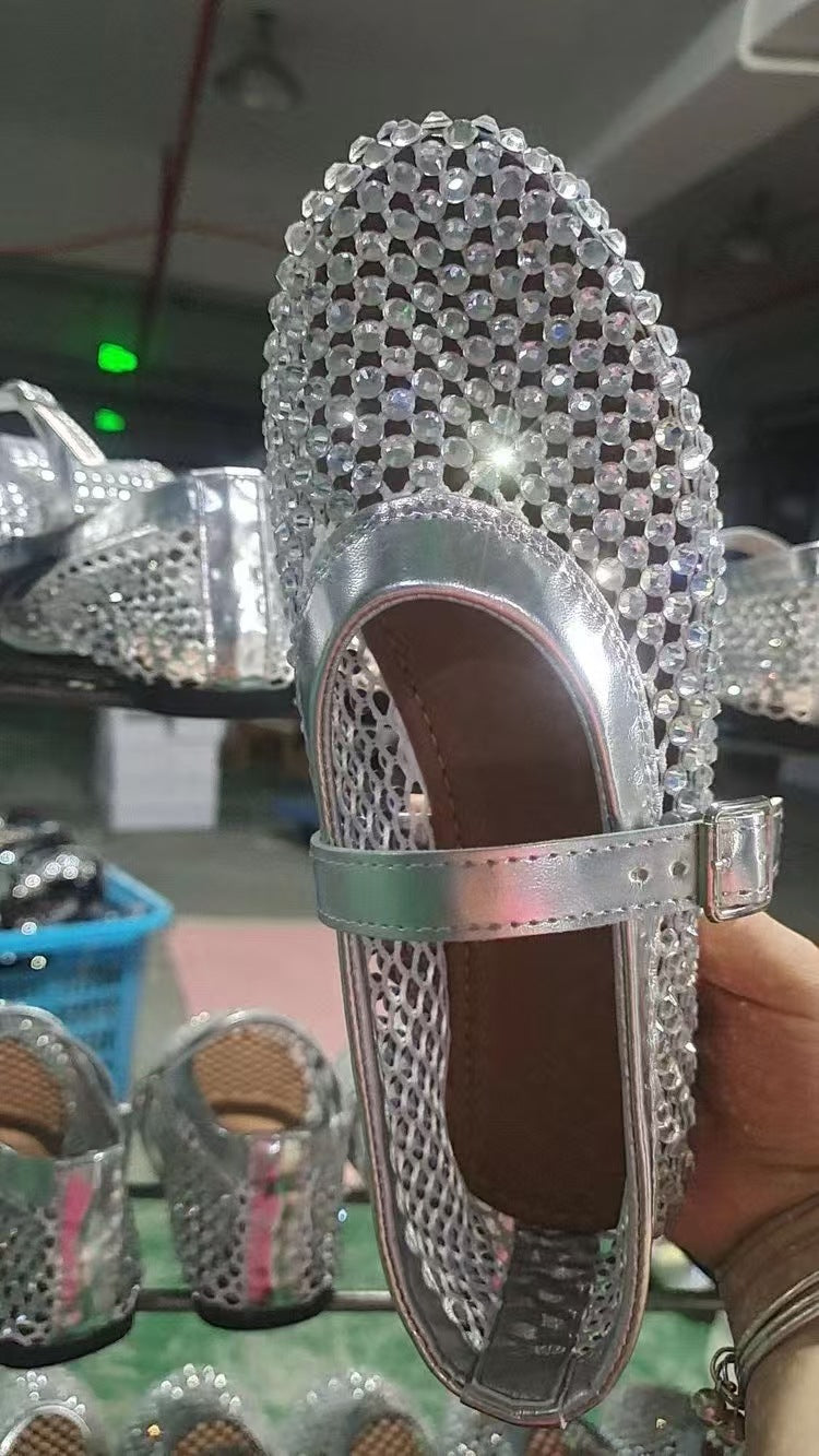 Round Toe Flat Bottom Comfortable Fashion Women's Shoes 520 Sandals Net Drill Silver - D&A