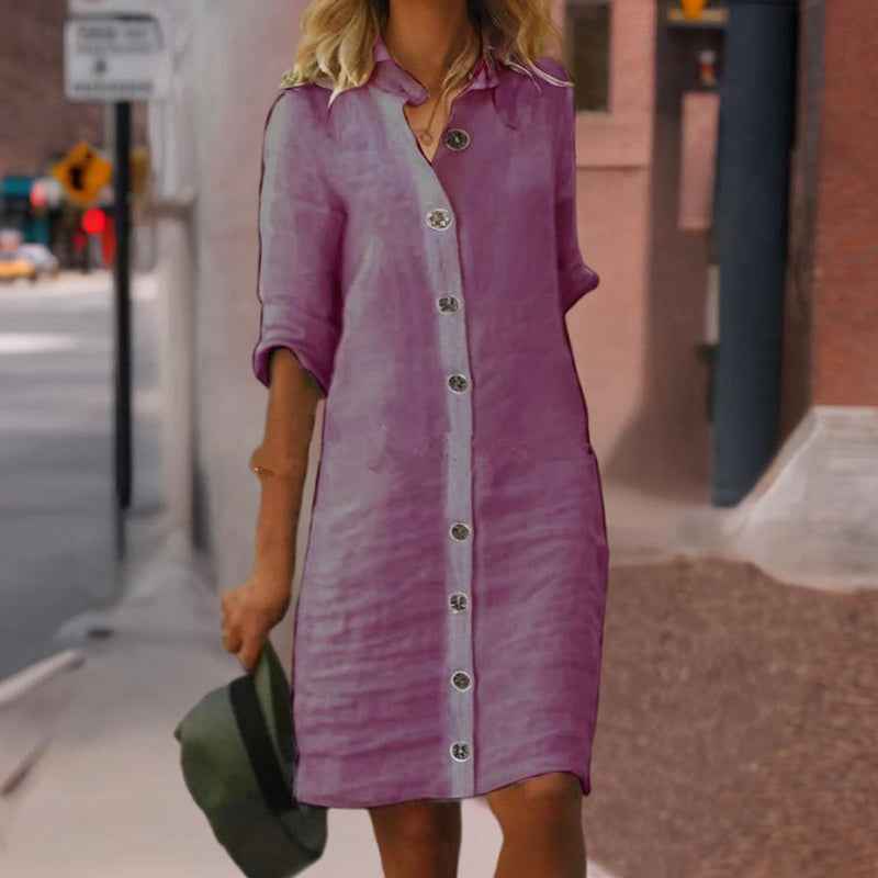 Women's Solid Color Shirt Collar Mid-Sleeve Dress With Oversized Buttons - Simple & Elegant Spring&Summer Dress
