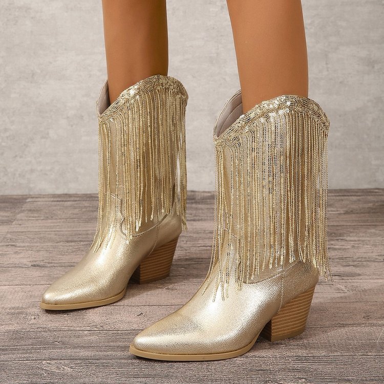 European And American Fashion Middle Fashion Boots Female Retro Chunky Heel Pleated Western Knight 9322 Gold - D&A