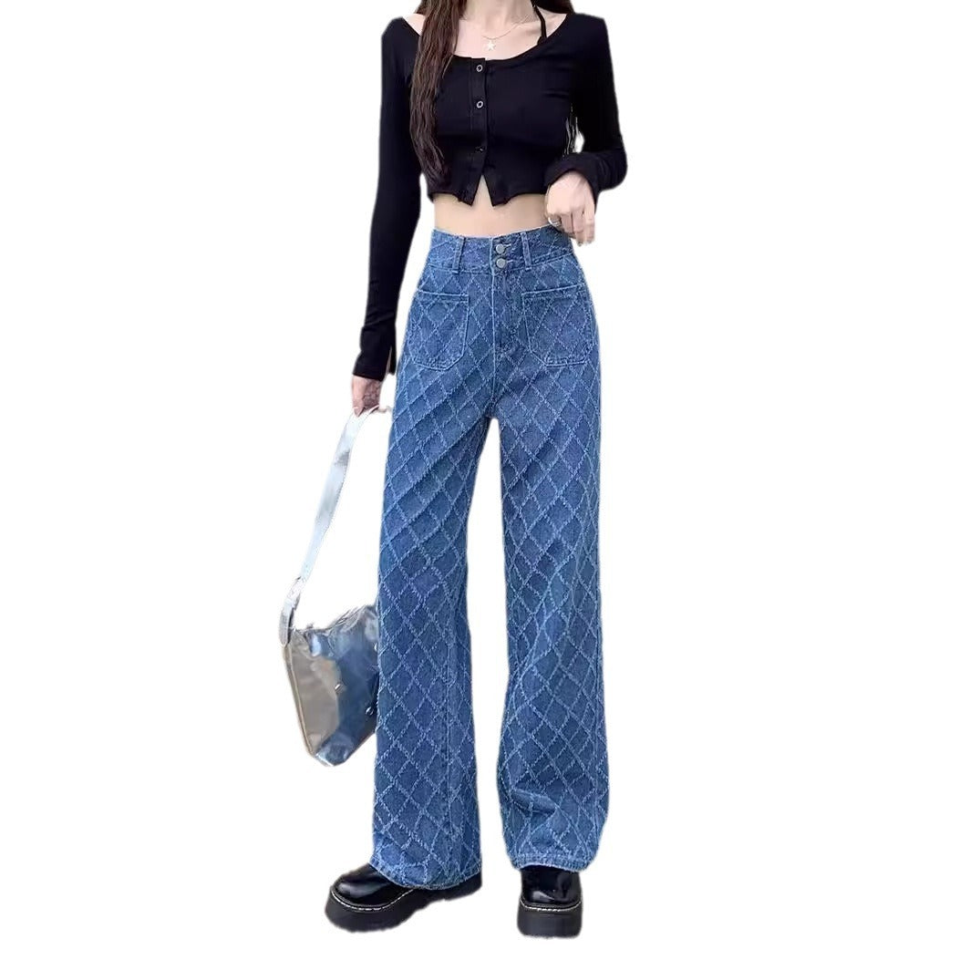 Summer Ladies New Loose Drooping Slimming Jacquard Design Straight-leg Denim Trousers - D&A