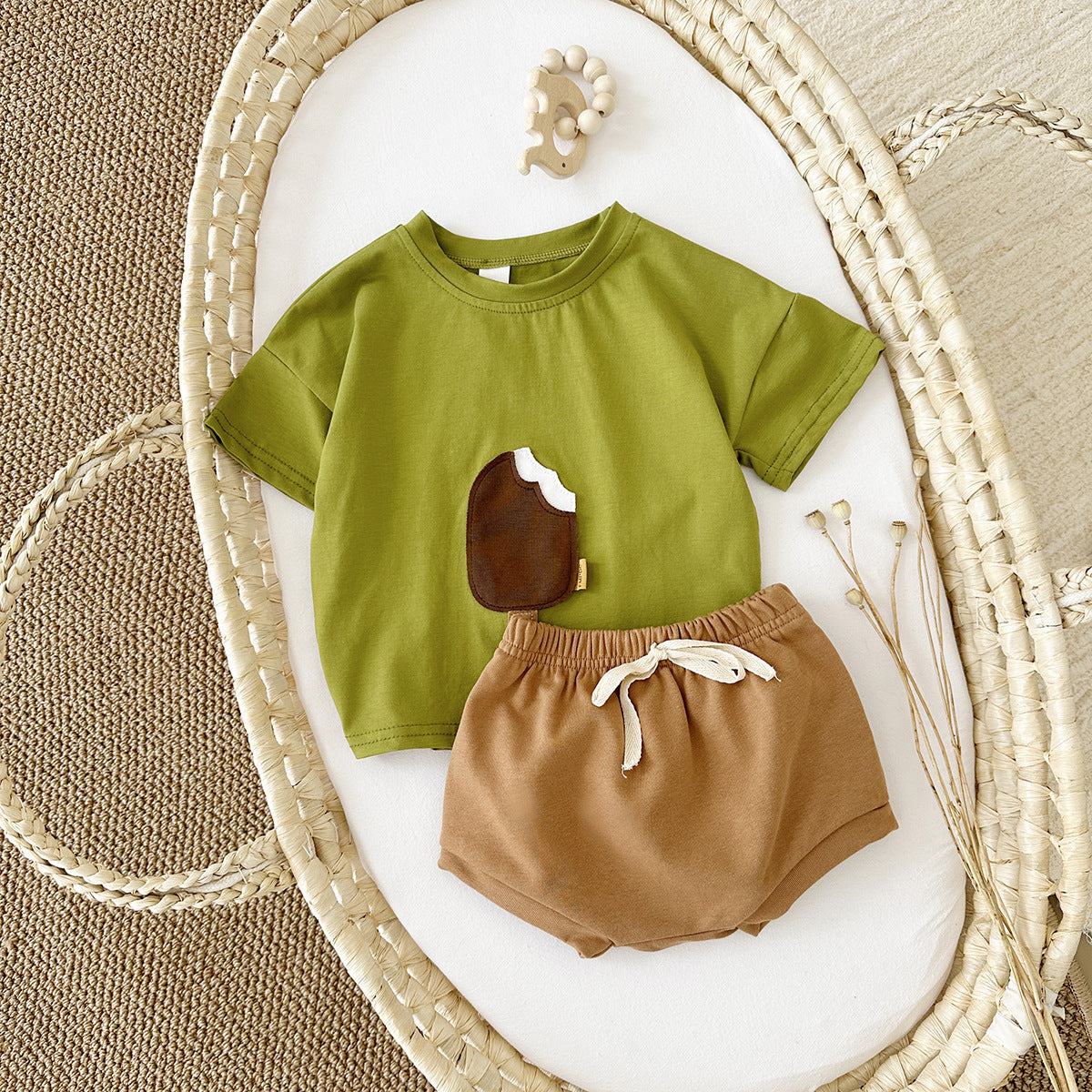 Girls' Casual Round Neck Cotton Ice Cream Patch Short Sleeve Shorts Suit - D&A