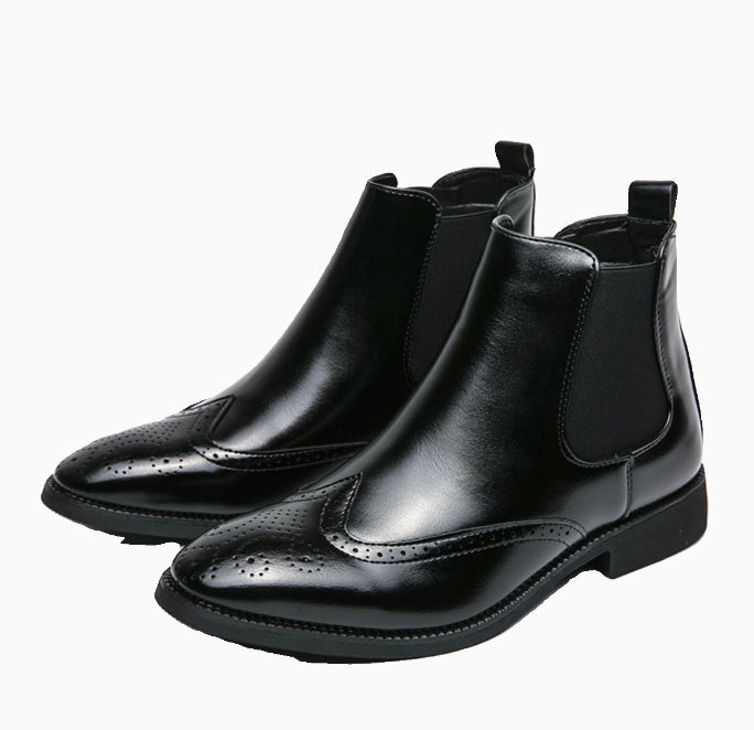 High-top Leather Shoes Men's Pointed Chelsea Booties Inner Height Increasing Black - D&A