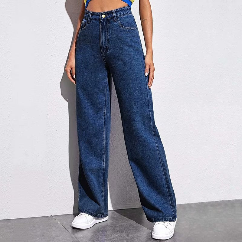 Washed Fashion Straight Jeans Women's Mid Waist 5Color Dark Blue - D&A