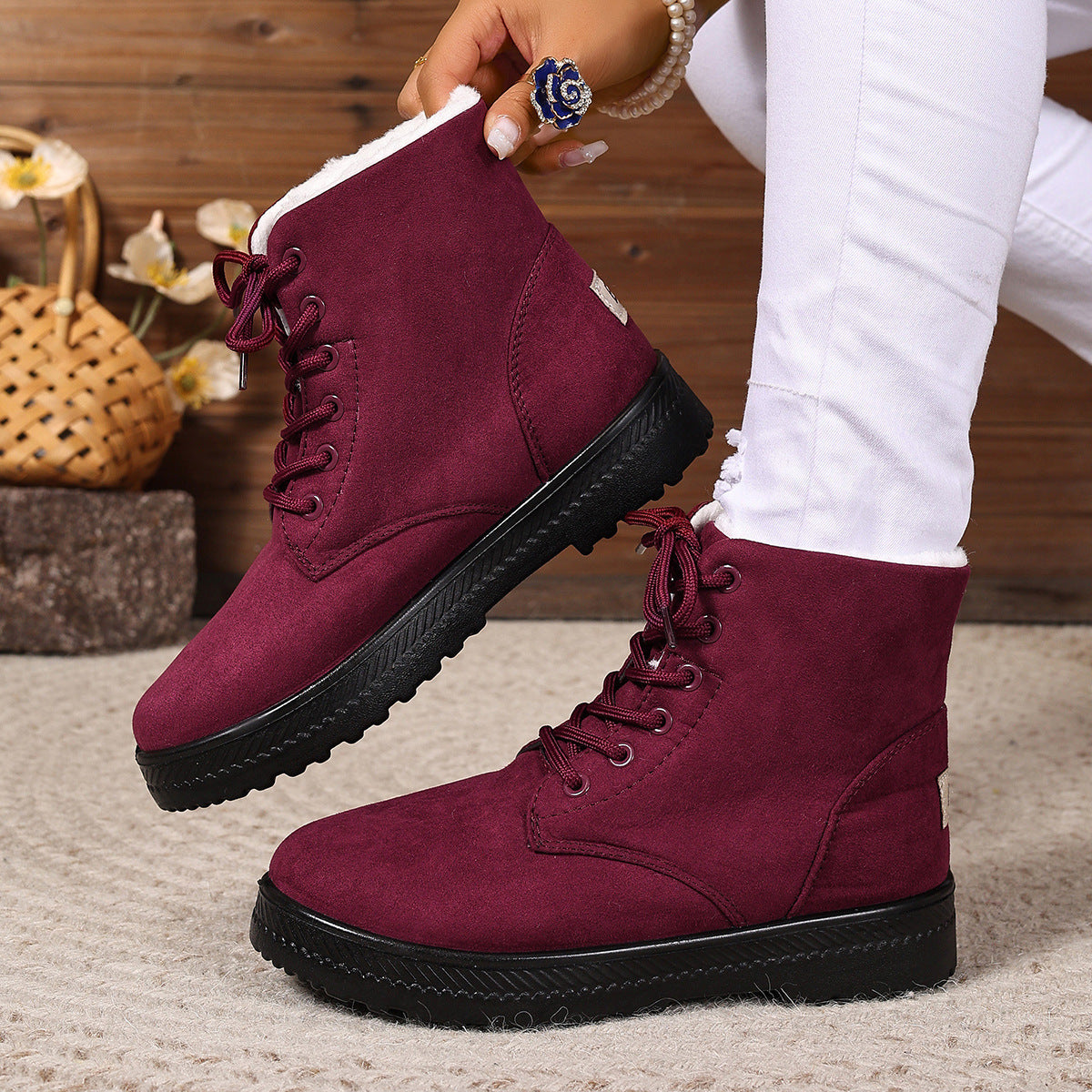 Women's Fashionable Waterproof High-top Cotton-padded Snow Boots Red - D&A