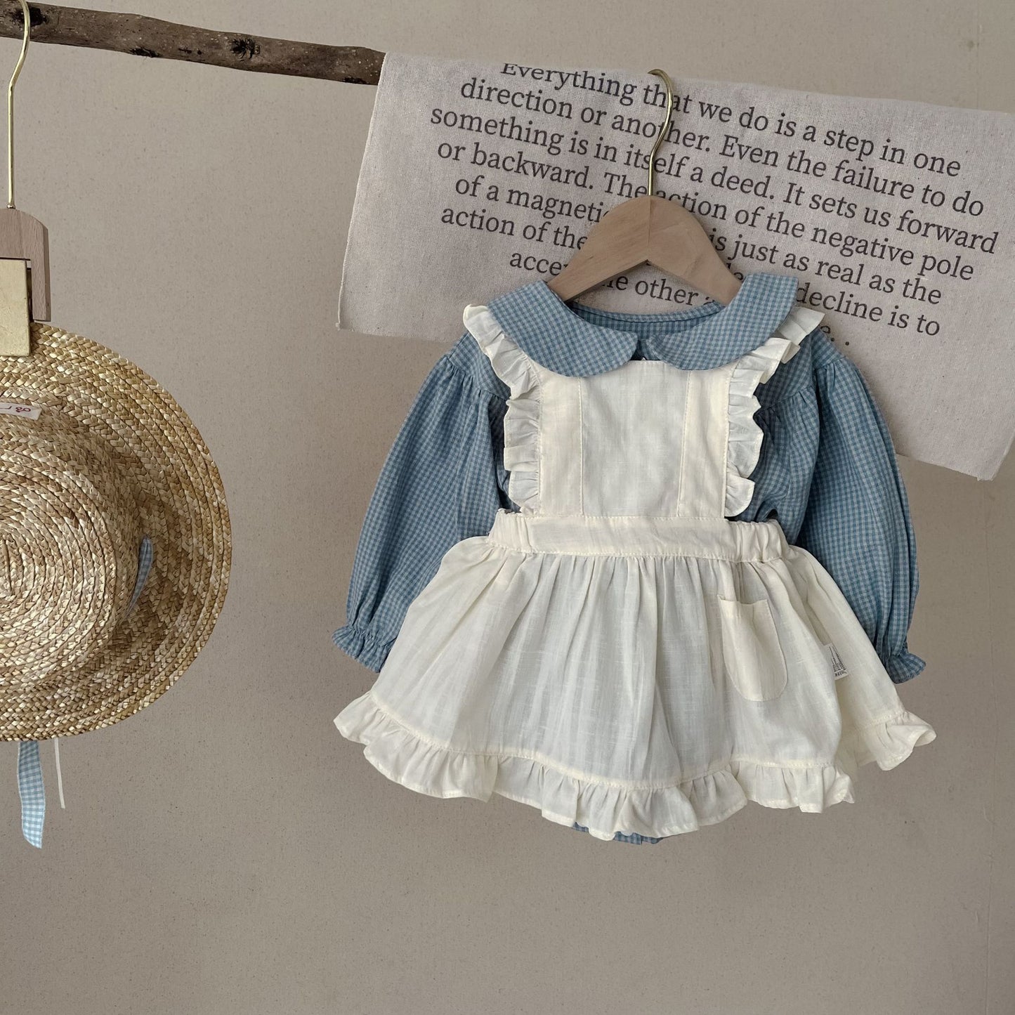 Infant Single-breasted Long Sleeve Small Plaid Romper Sling Small Overskirt Set - D&A