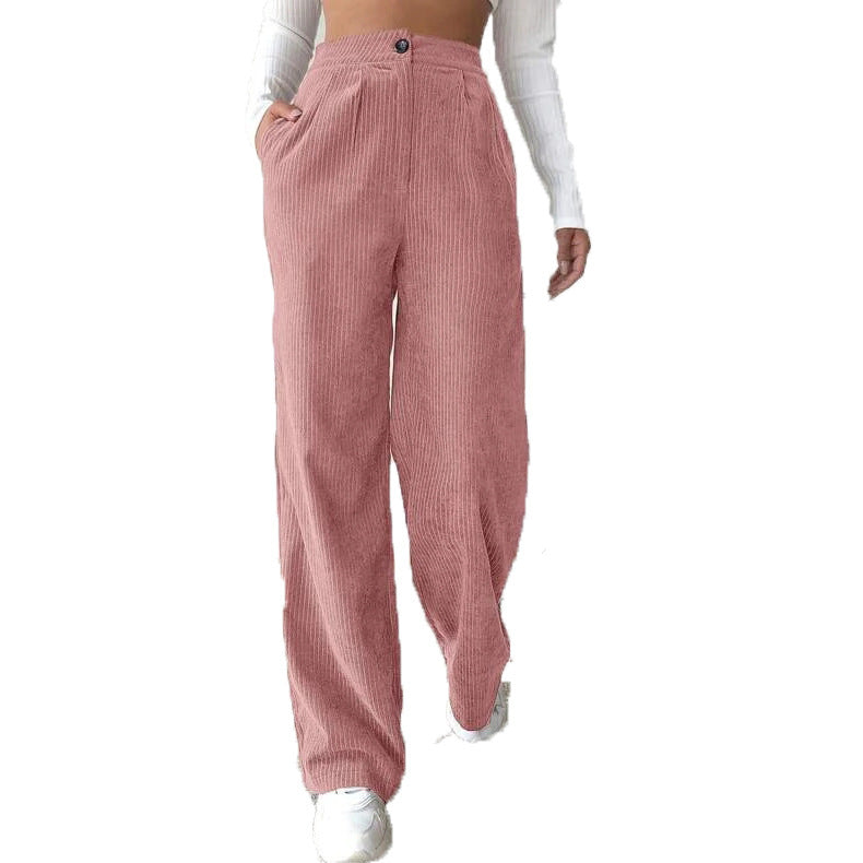Women's High Waist Casual Pants Solid Color Corduroy Baggy Straight Trousers - D&A