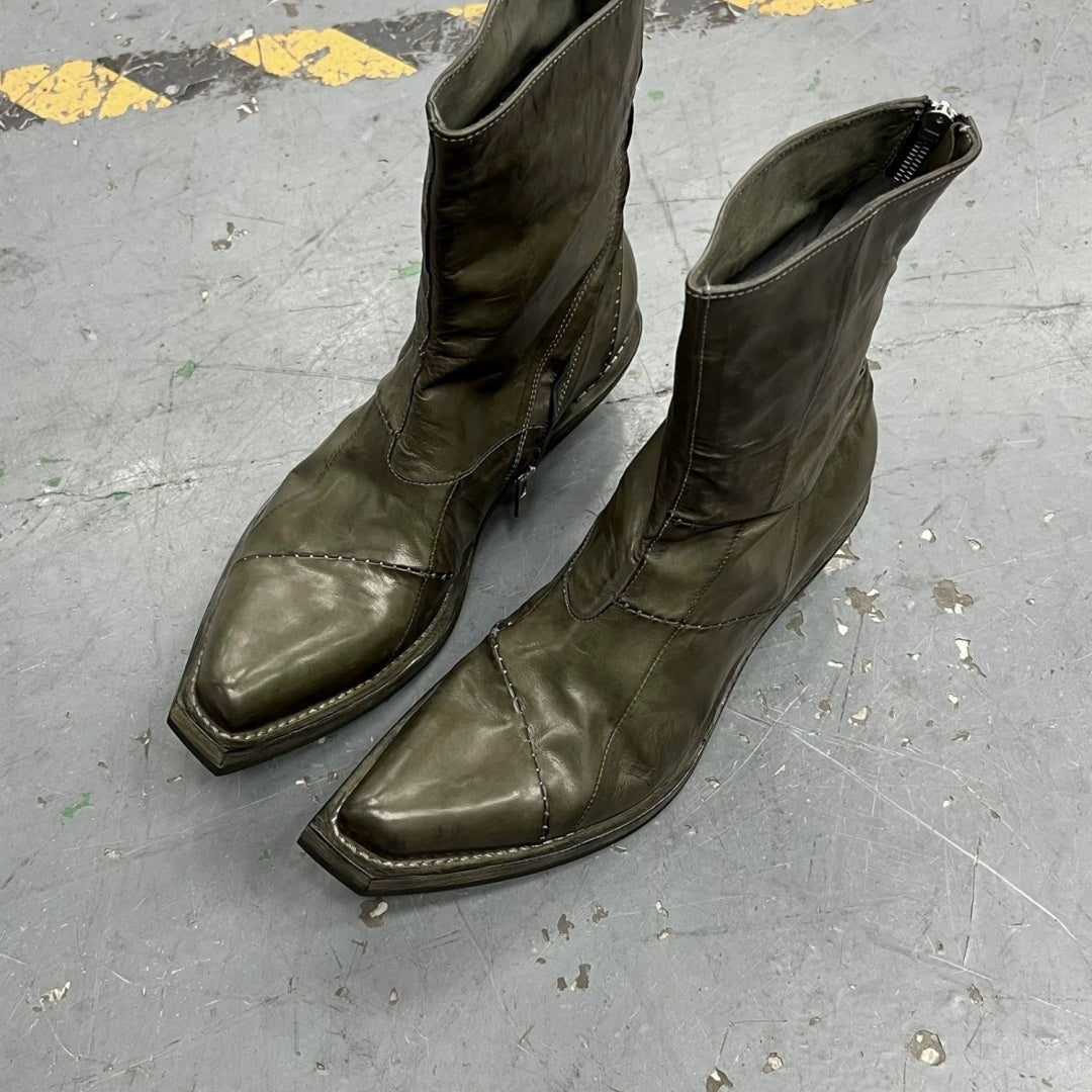 Men's Retro Dark Stitched Patchwork Square Toe Boots - D&A