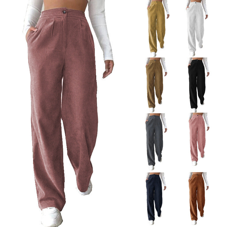 Women's High Waist Casual Pants Solid Color Corduroy Baggy Straight Trousers - D&A