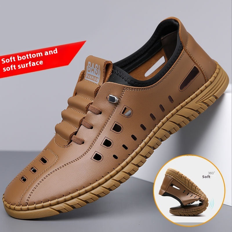 Hollow Breathable White Shoes Hole Shoes Soft Bottom Men Slip-on Leather Sandals - D&A