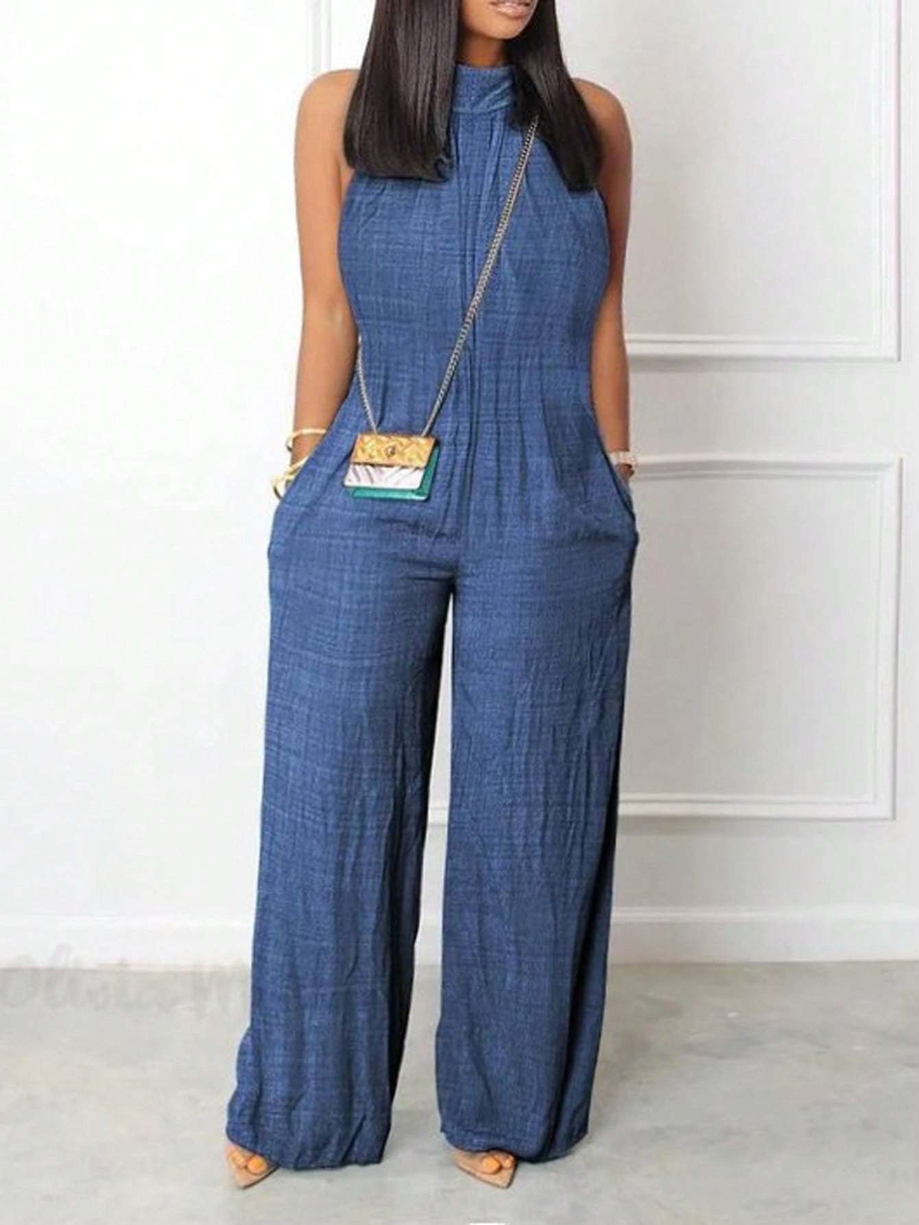 Sleeveless Halter Ruffled Young Women's Jumpsuit Blue - D&A