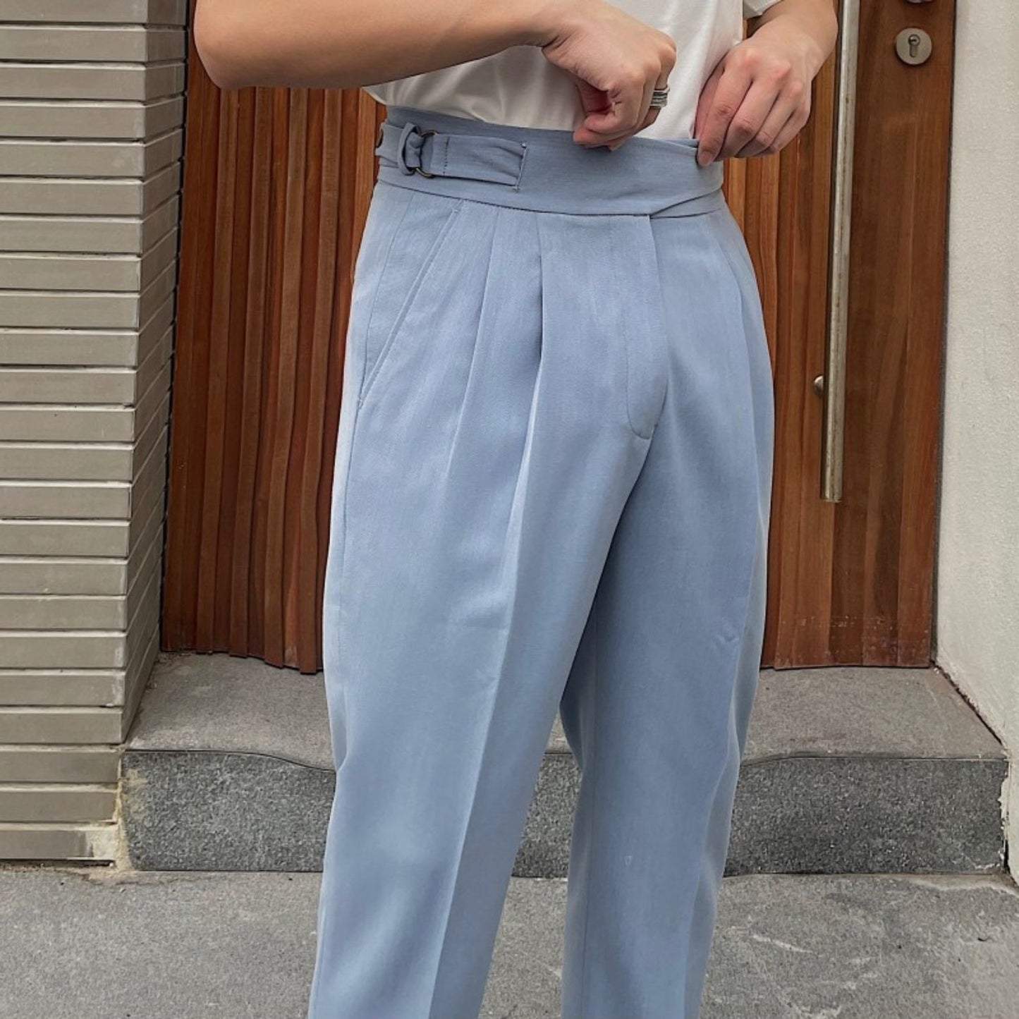 British Retro Business Casual Paris Buckle Suit Pants Men Blue - D&A